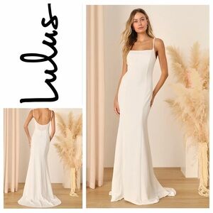 Lulu’s Blessed Romance White Sleeveless Button Back Mermaid Maxi Dress Sz: L